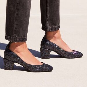 NEW Free People Lana Block Heel Dark Blue Glitter